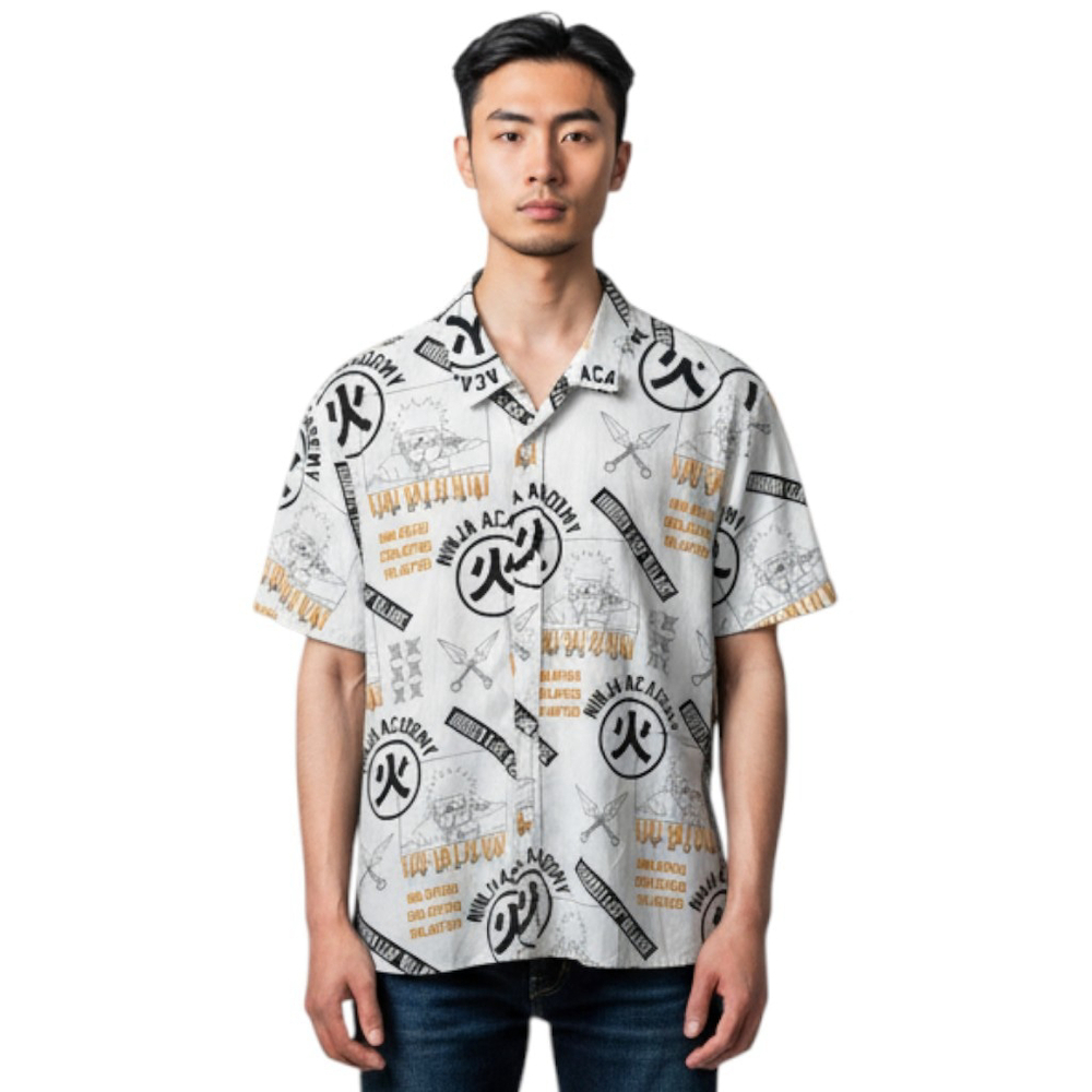 Naruto Shippuden Button Up Shirt Mens XL White Manga Anime Lover Short Sleeve